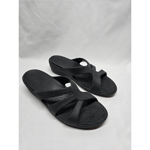 Crocs Women's Sanrah Wedge Strappy Sandals Black Size 7 - Picture 1 of 9